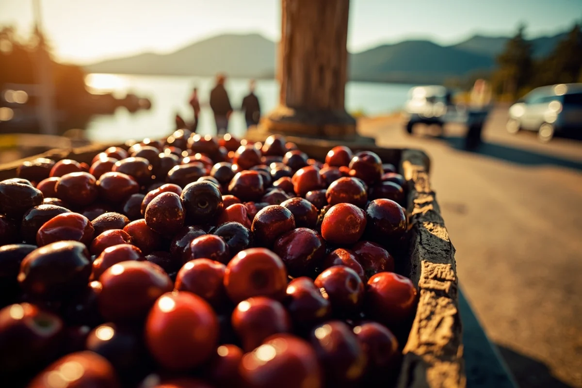 Fresh Flathead cherries at a roadside stand near the lake shoreline