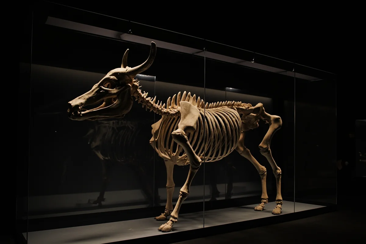Full skeleton of Steer Montana displayed alongside the taxidermy mount at O'Fallon Historical Museum