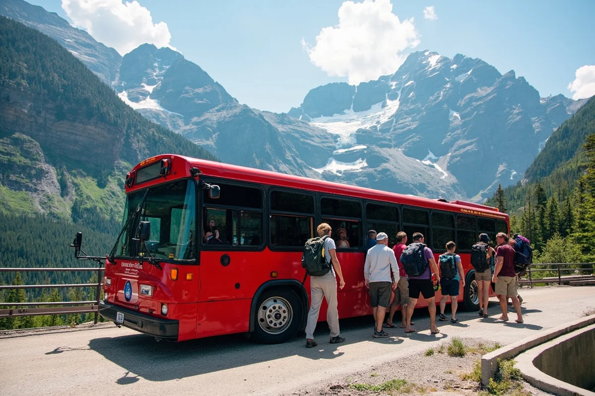 Glacier National Park shuttle bus at Logan Pass with hikers boarding