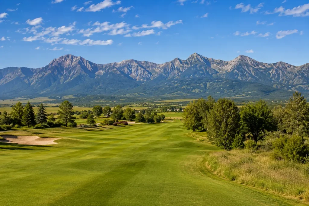 Black Bull Golf Club in Belgrade Montana showing the golf course fairway with the Bridger Mountains in the background on a clear summer day