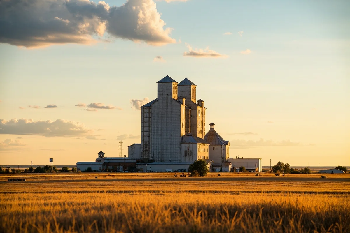 Grain elevators rising above the small town of Rapelje Montana near Hailstone Lake