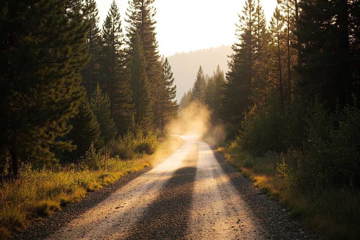 Gravel road leading through forest toward Ashley Lake, Montana