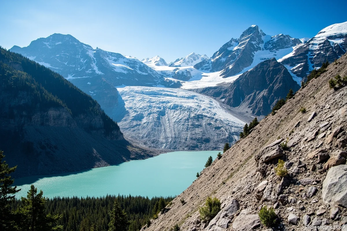 Grinnell Glacier visible above Grinnell Lake showing its retreating ice extent