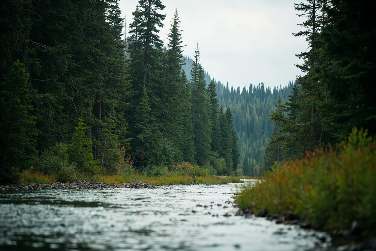 Grizzly bear habitat along the forested banks of the Middle Fork Flathead River in Montana