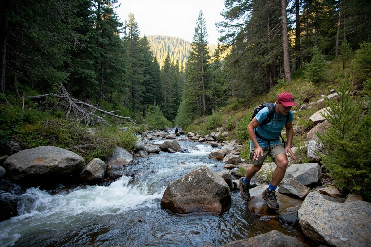 Hiker crossing a stream on the trail to Leigh Lake in the Cabinet Mountains