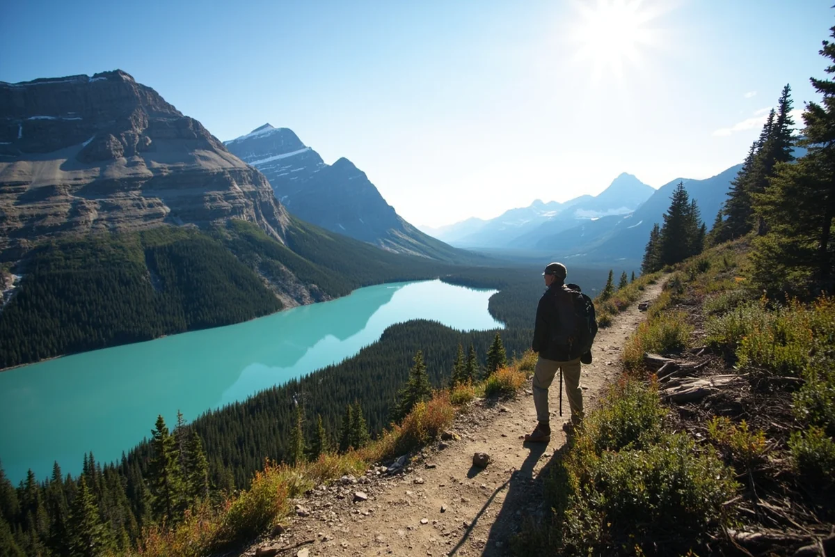 Hiker on a mountain trail near Cracker Lake with Lake Sherburne visible below