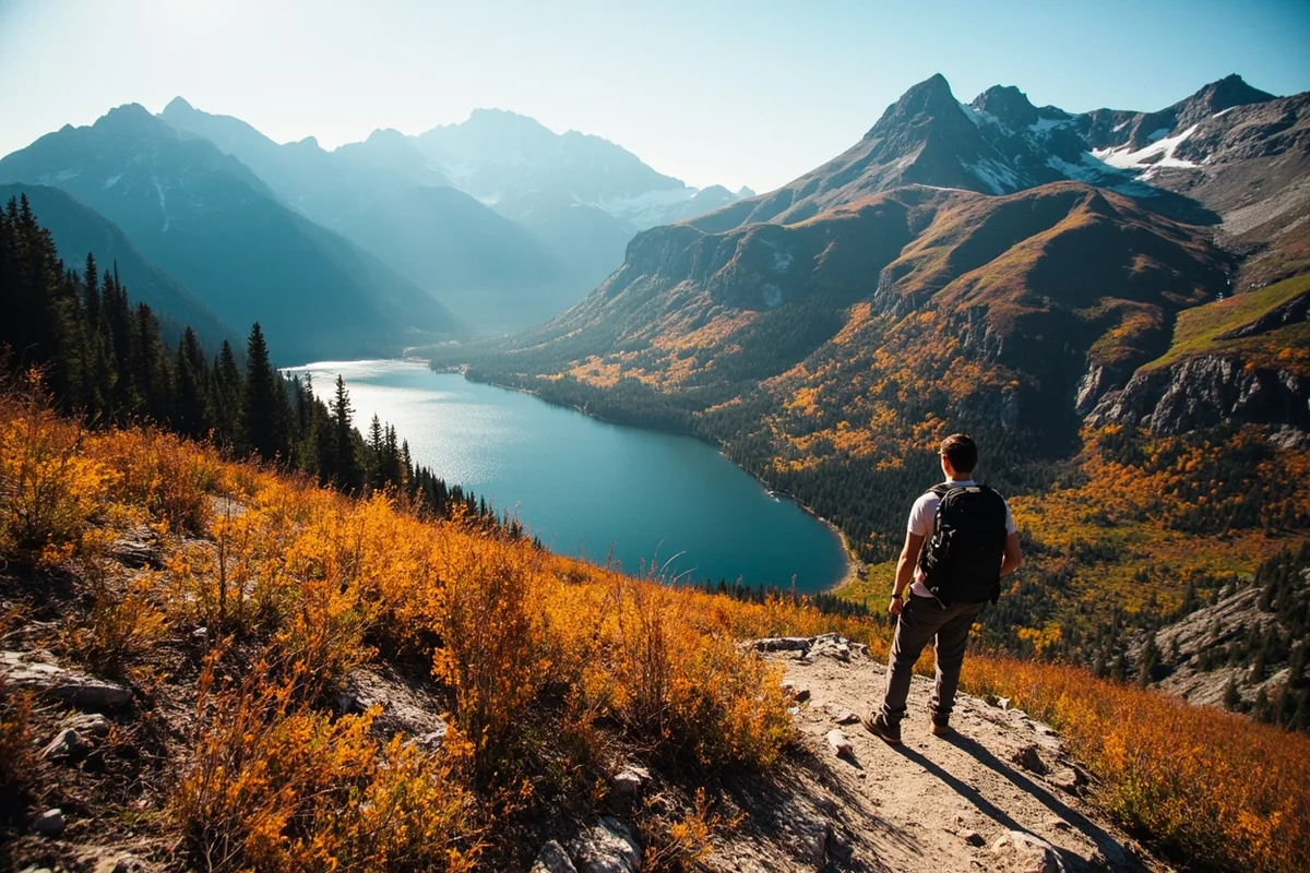 Hiker on a mountain trail overlooking Hungry Horse Reservoir with fall colors