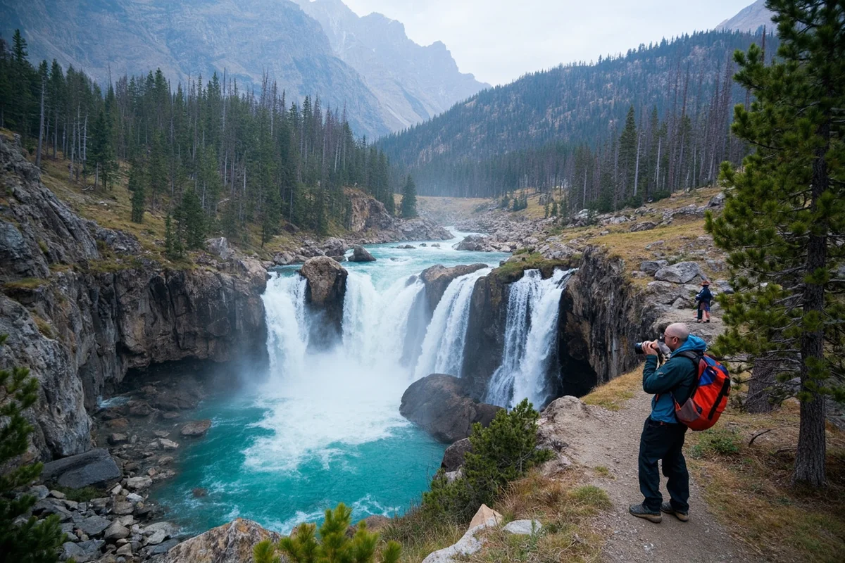 Hiker photographing waterfalls at Lake at Falls along the Beaten Path in the Beartooth Mountains