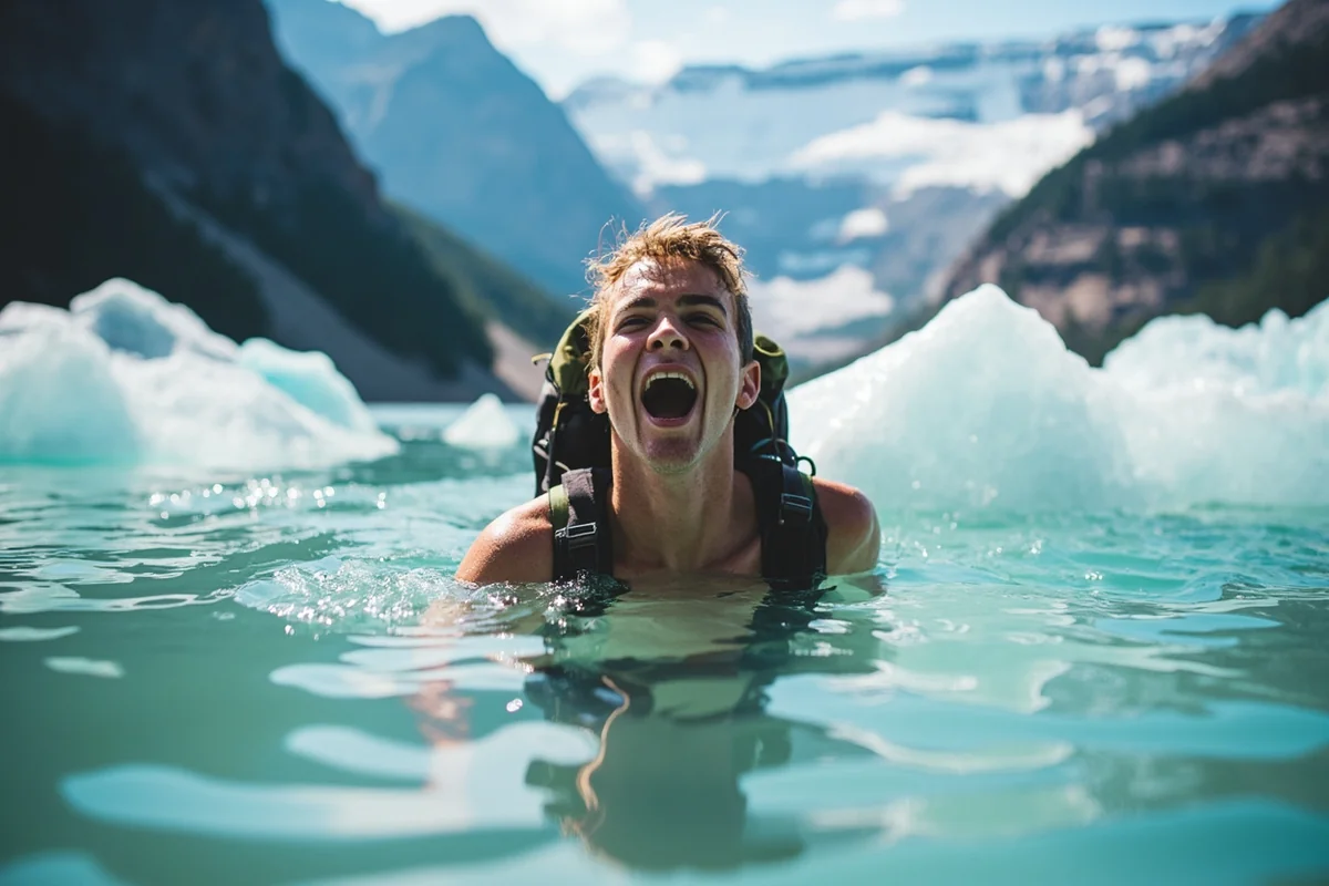 Hiker taking a cold plunge into Iceberg Lake next to floating ice chunks