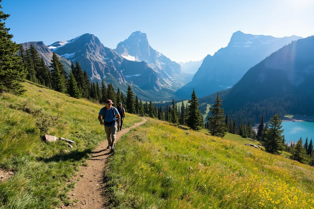 Hikers on the trail between Lake Josephine and Grinnell Lake with mountains in the background