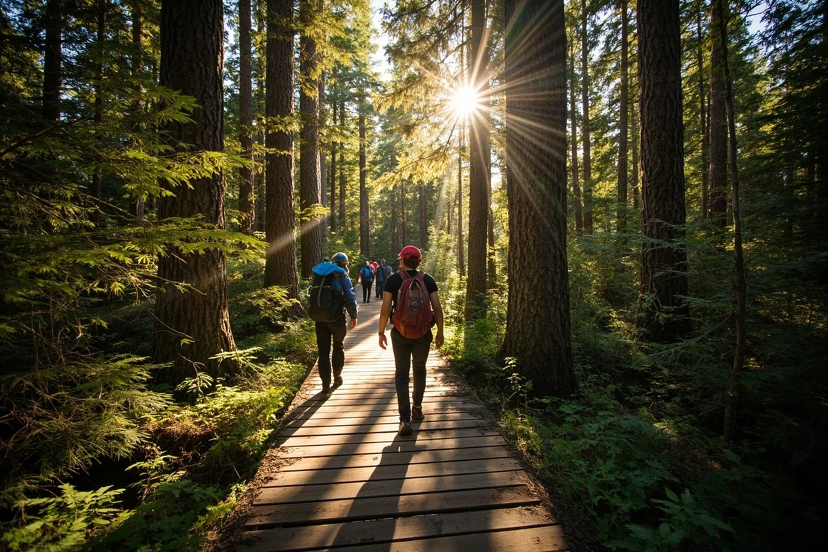 Hikers walking the boardwalk section of the Trail of the Cedars in Glacier National Park