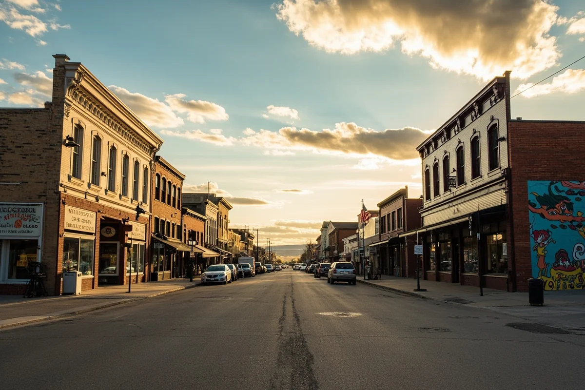 Historic downtown Baker, Montana street with murals depicting Fallon County history