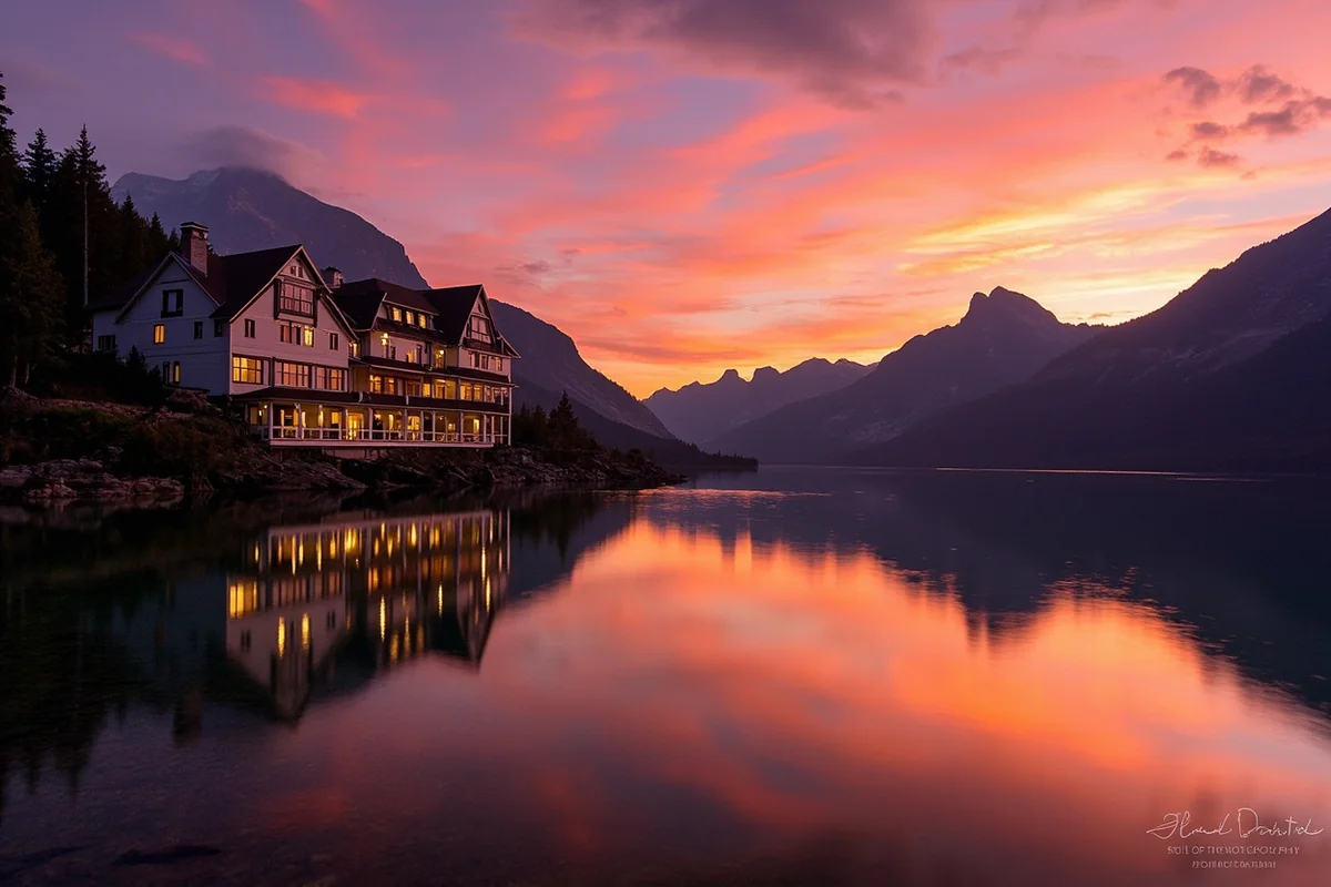 Historic Many Glacier Hotel exterior with Swiftcurrent Lake in the foreground at sunset