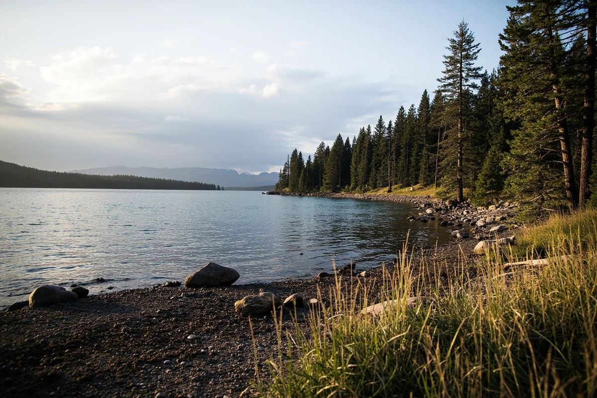 Historic photo-style view of Georgetown Lake shoreline with lodgepole pine forest