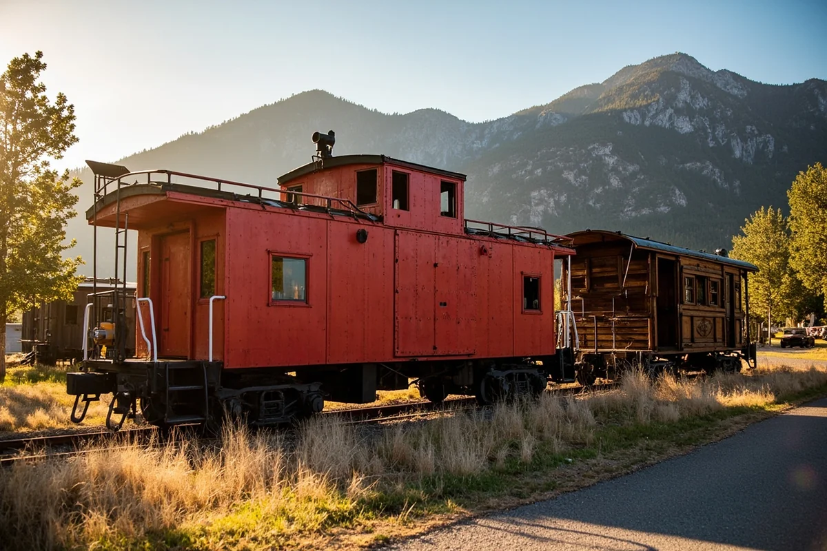 Historic railroad caboose and stagecoach on display outdoors at Yellowstone Gateway Museum in Livingston, Montana
