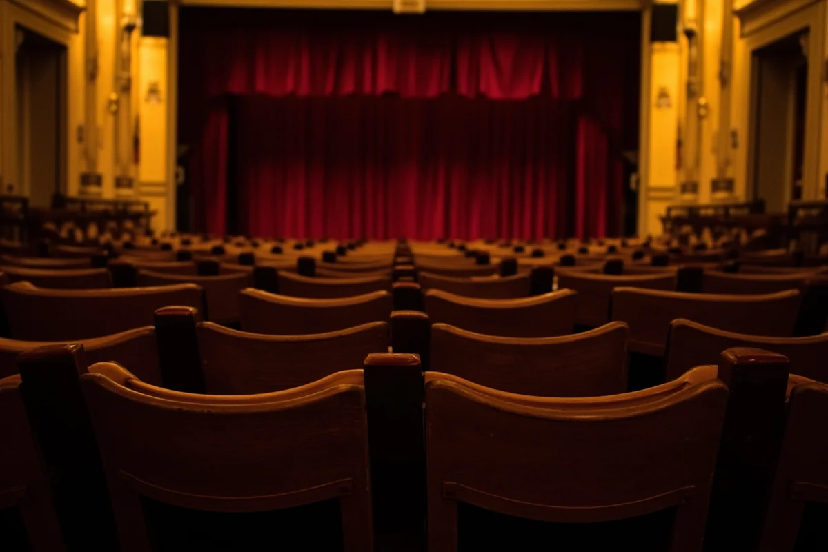 Historic Rex Theatre building with original seats and curtain at Pioneer Town in Scobey, Montana