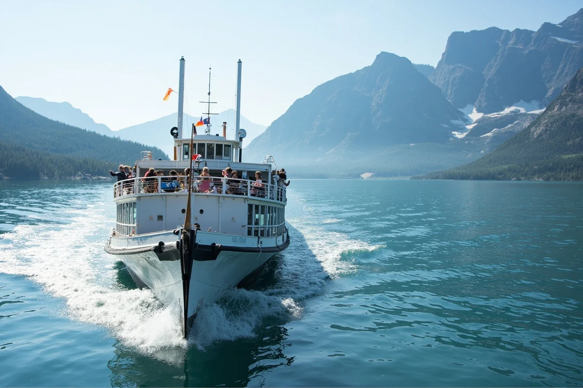 Historic tour boat crossing Swiftcurrent Lake toward Lake Josephine dock