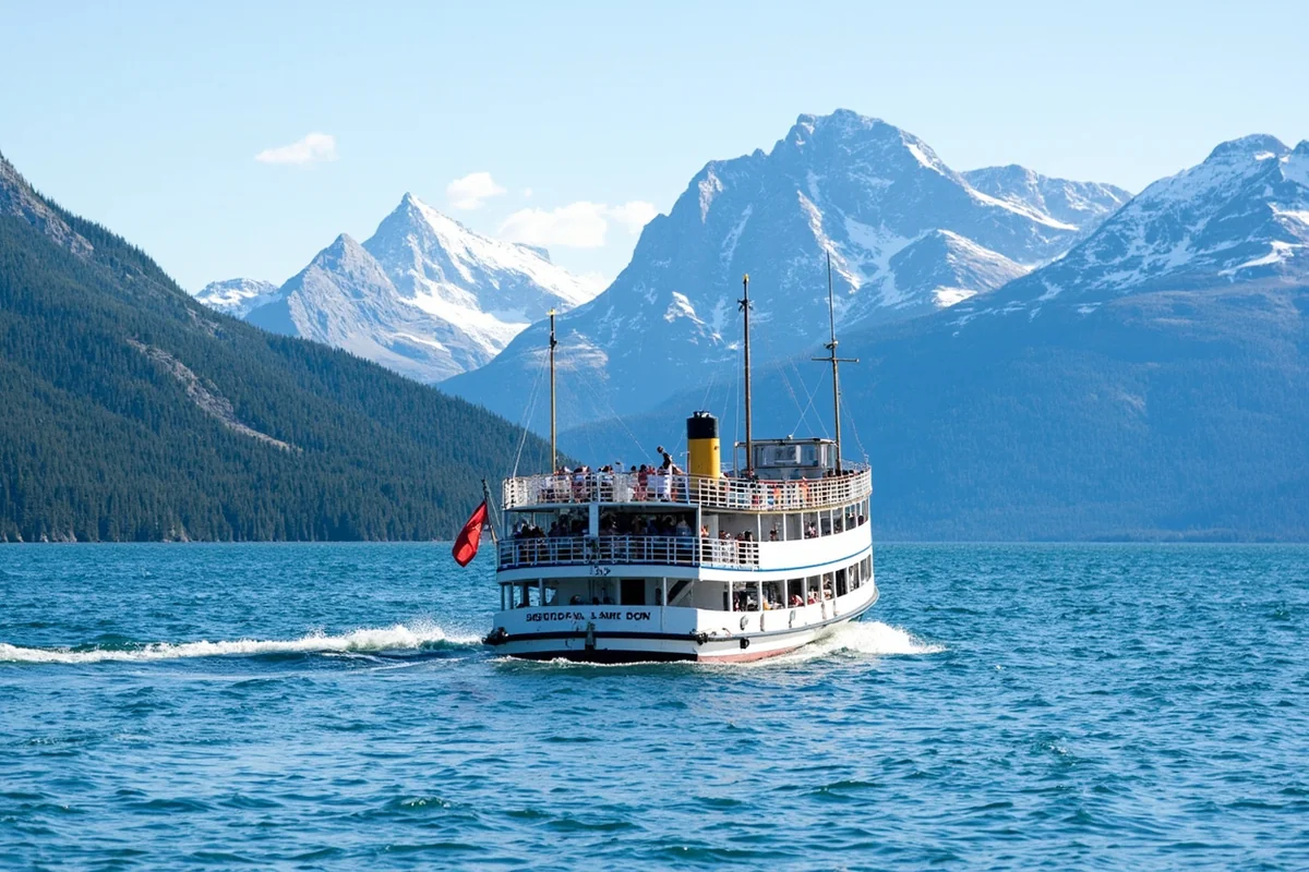 Historic tour boat crossing Swiftcurrent Lake toward Grinnell Glacier Trail
