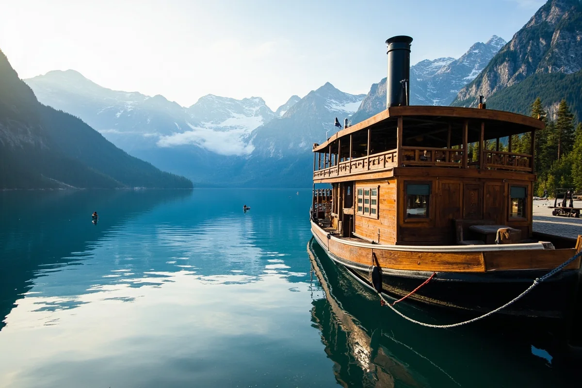 Historic wooden tour boat docked at Lake Josephine with mountains in the background