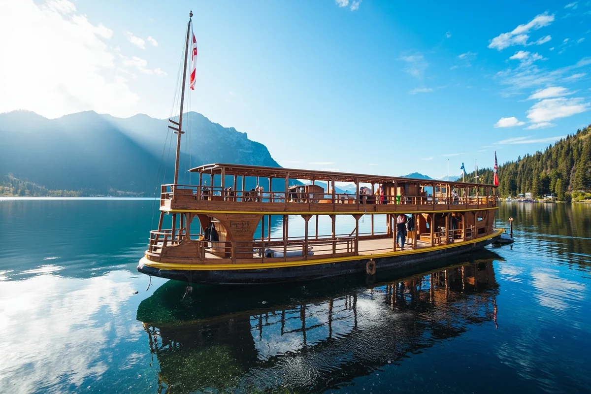 Historic wooden tour boat docked on St. Mary Lake at Rising Sun