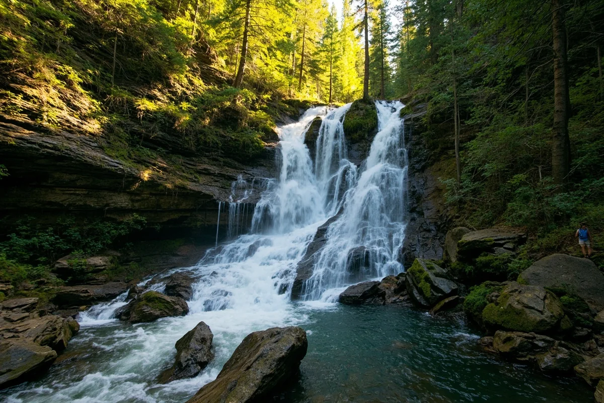 Holland Falls cascading through forest near Holland Lake, Montana