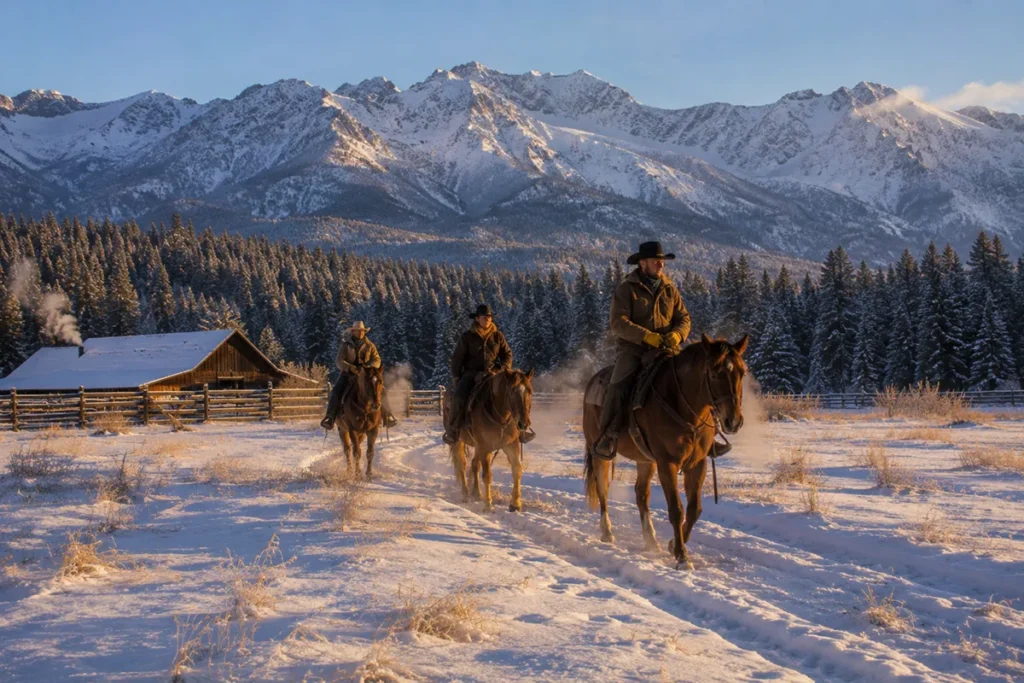 Triple Creek Ranch Montana horseback riding through snowy Bitterroot Mountains on a winter morning with pine forest and mountain peaks