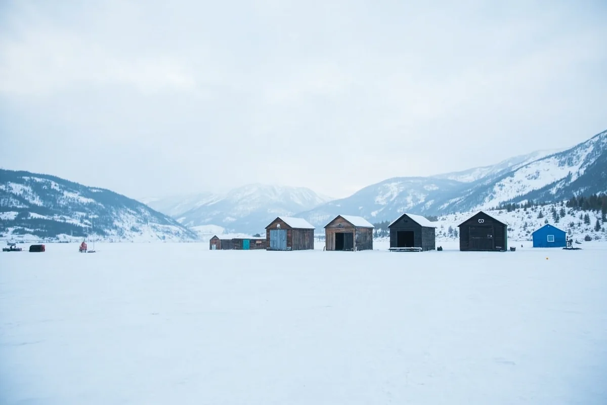 Ice fishing shelters on frozen Georgetown Lake with mountains in the background