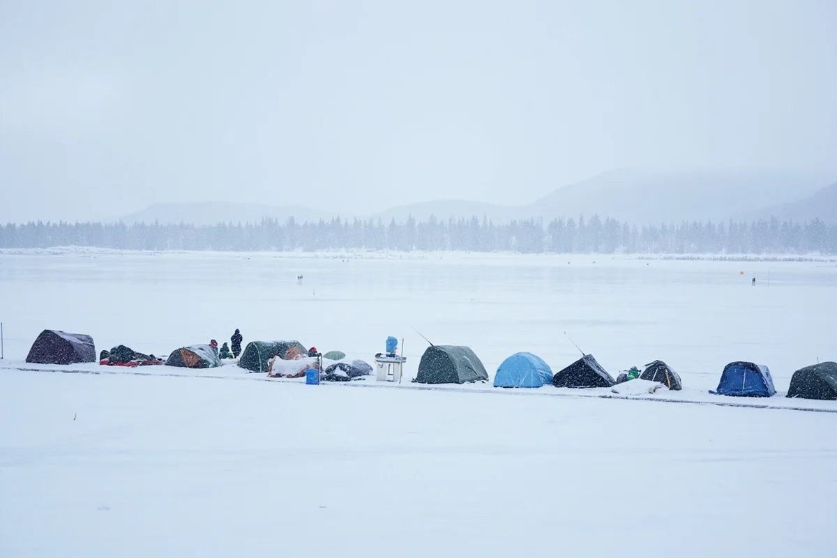 Ice fishing shelters on Horseshoe Lake during the annual derby event