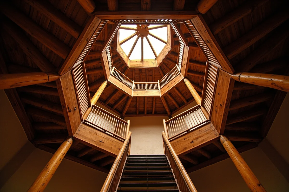 Interior cupola and exhibit space inside the Heritage Museum's twelve-sided log building in Libby, Montana