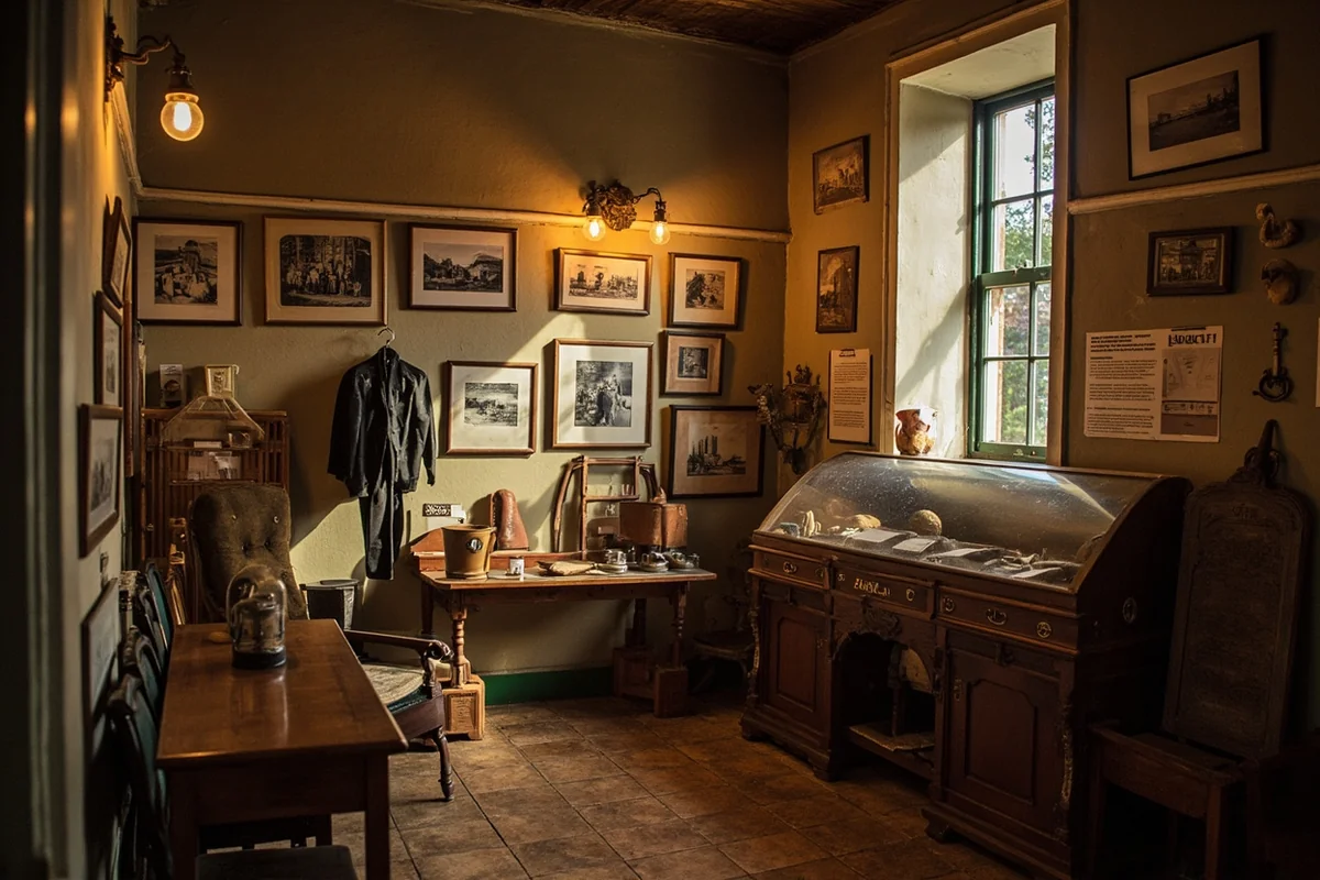 Interior of Hobson Museum showing historic photographs and farming displays in Hobson, Montana