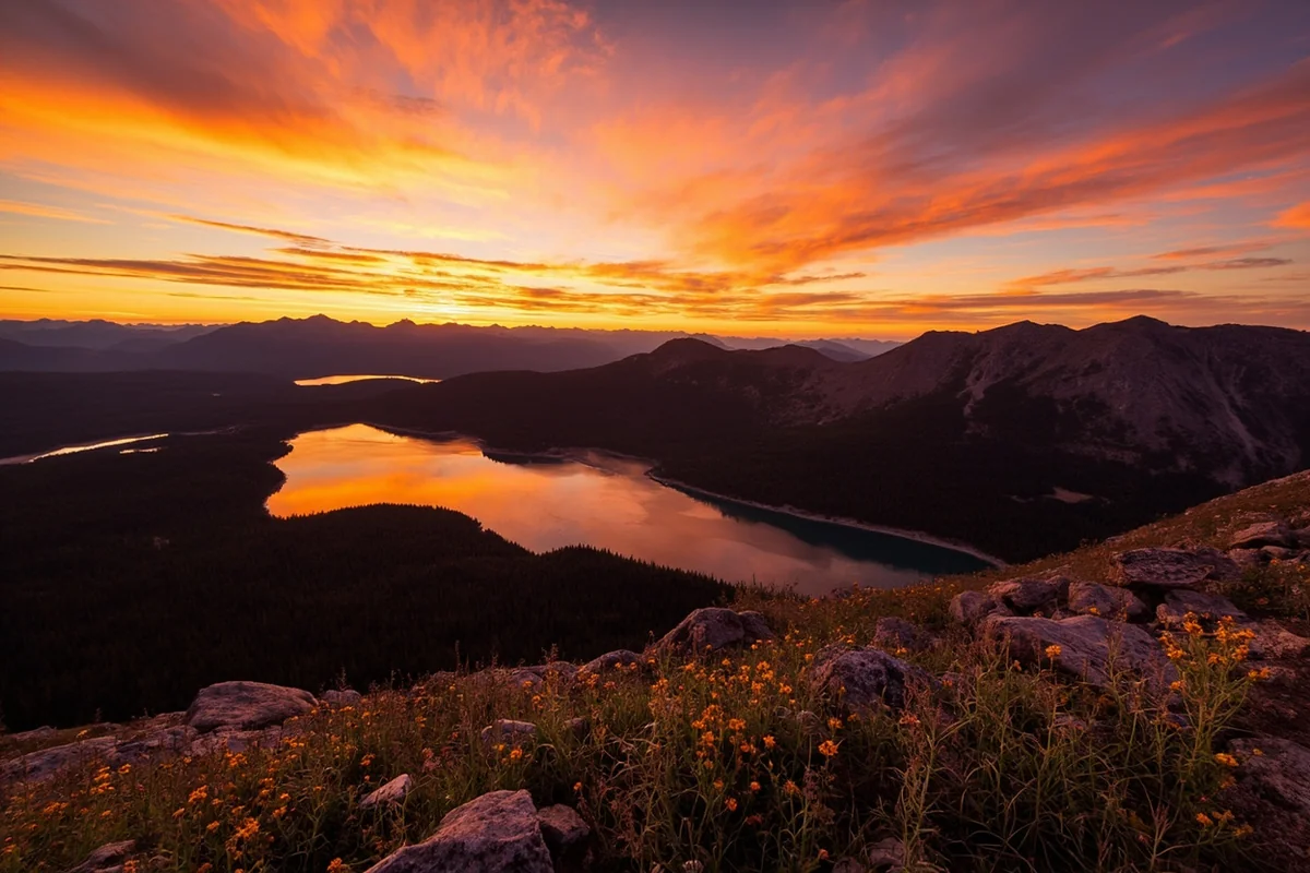 Jewel Basin hiking area in the Flathead National Forest at sunset, alpine lakes glowing in the fading light