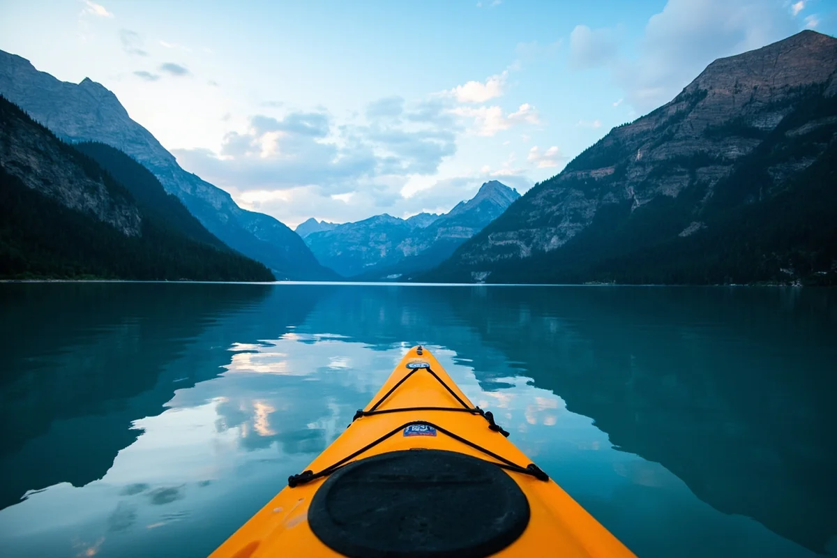 Kayak on the calm water of Kintla Lake with mountains rising from the shoreline