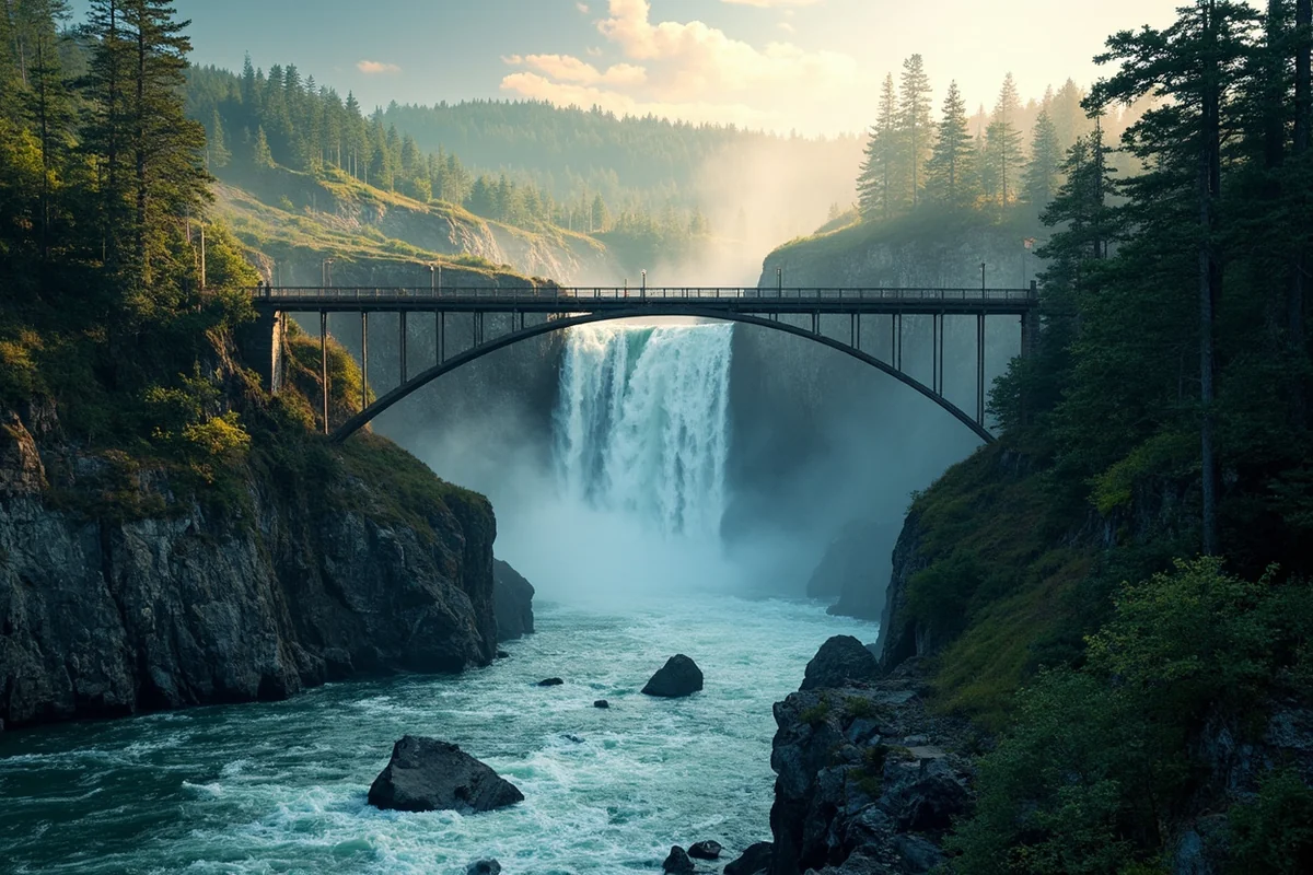 Kootenai Falls with a swinging suspension bridge crossing the river in Montana