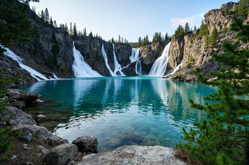 lake at falls in the beartooth mountains with mult 1 - Lake at Falls, Montana: Waterfalls on Every Side