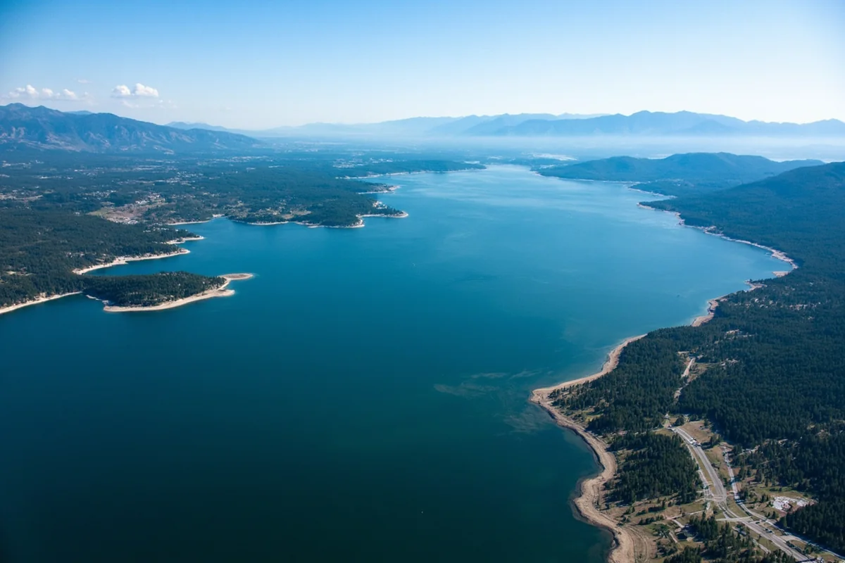 Lake Koocanusa stretching north toward Canada behind Libby Dam in the Kootenai National Forest, northwest Montana