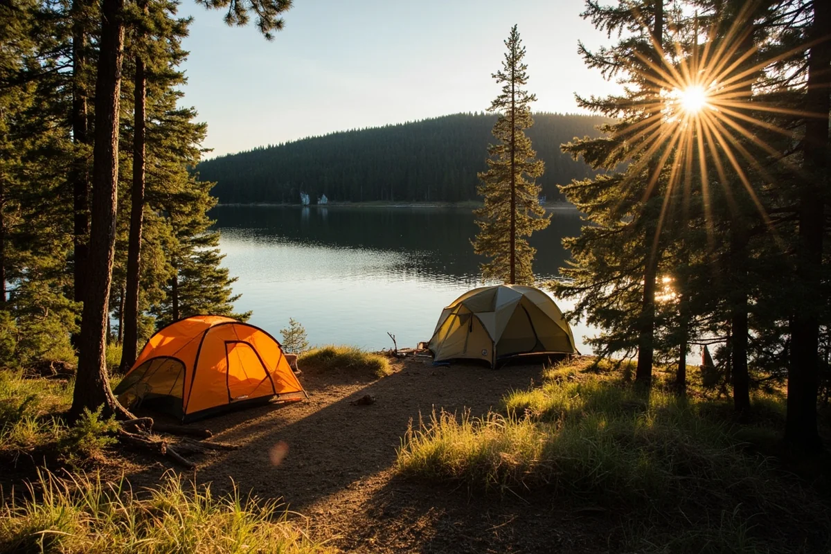 Lakefront campsite at Tally Lake Campground with tents and forest surroundings