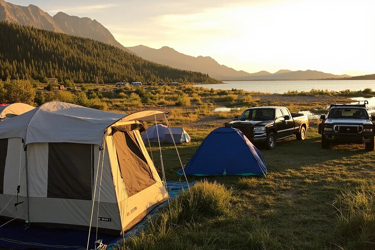 Lakeside campsite at Canyon Ferry Lake with a boat ramp visible nearby