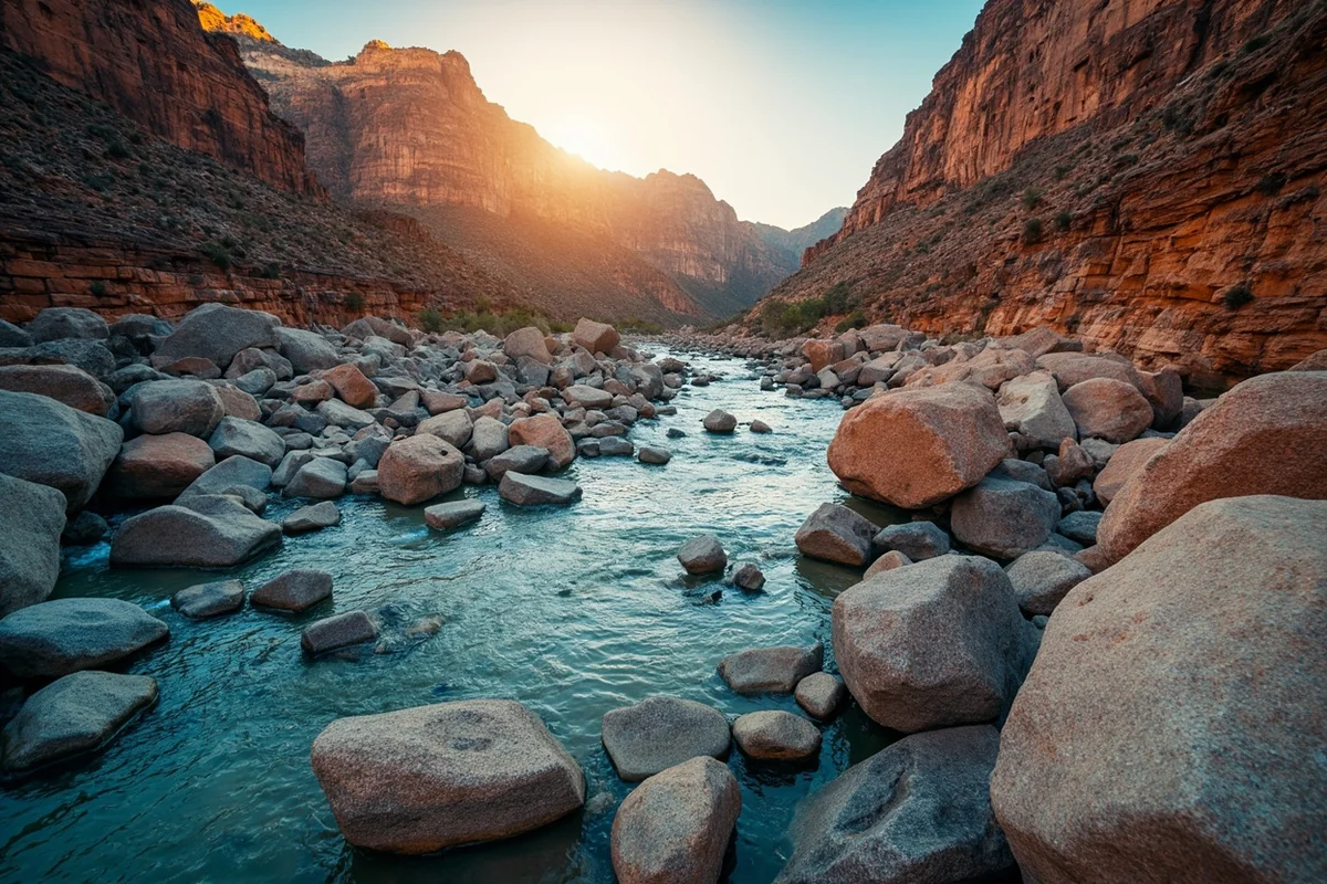 Large boulders and canyon walls along the Blackfoot River shaped by ancient Ice Age floods