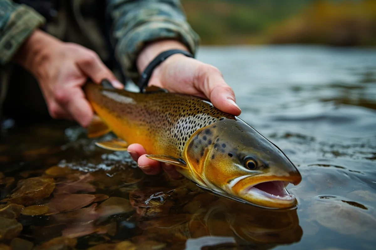 Large brown trout being released back into the Beaverhead River in Montana