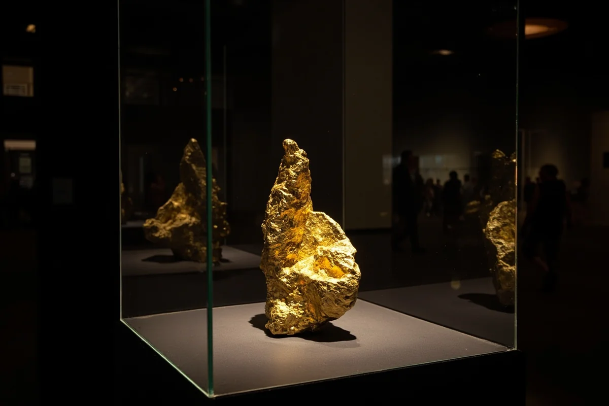 Large gold nugget specimen on display at MBMG Mineral Museum in Butte, Montana