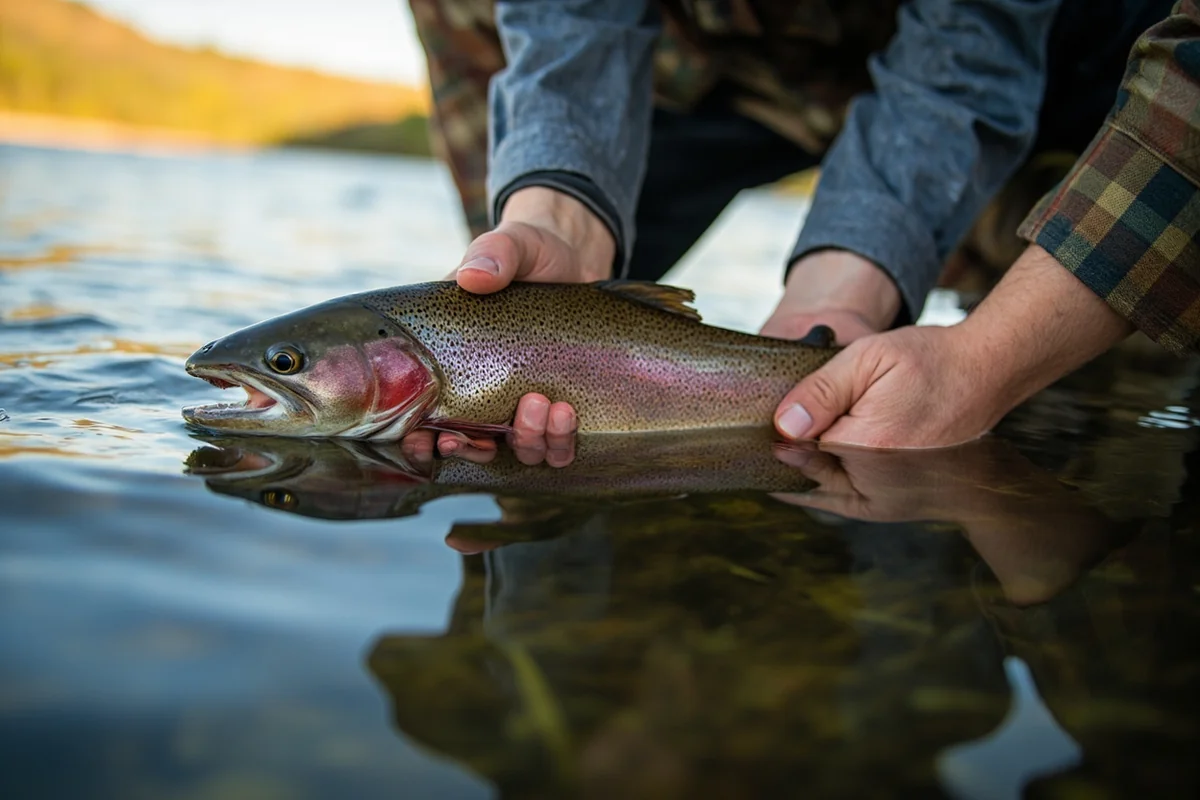 Large rainbow trout being released back into Duck Lake Montana