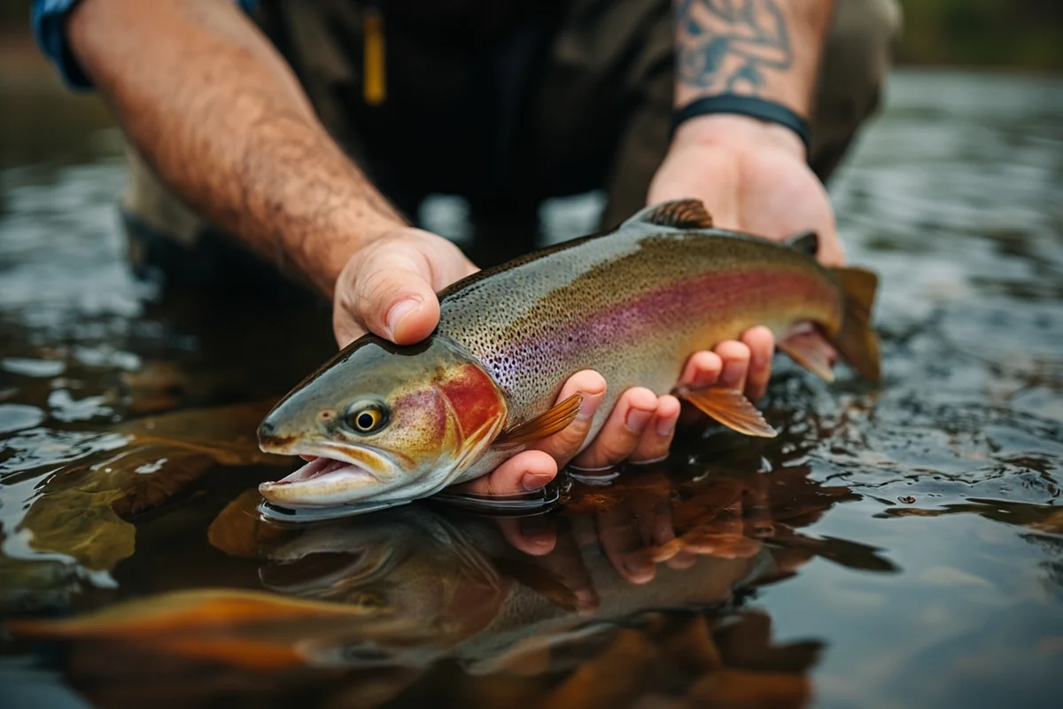 Large rainbow trout being released back into the Kootenai River in Montana