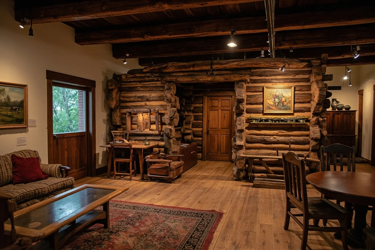 Life-size reconstructed pioneer cabin exhibit inside Gallatin History Museum in Bozeman, Montana