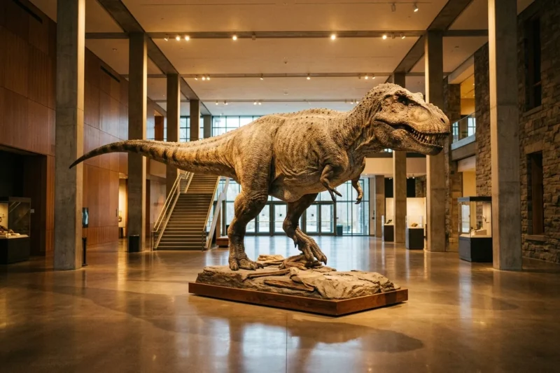life size tyrannosaurus rex model in the lobby of 1 - Fort Peck Interpretive Center: Free Dinosaur & Dam Guide