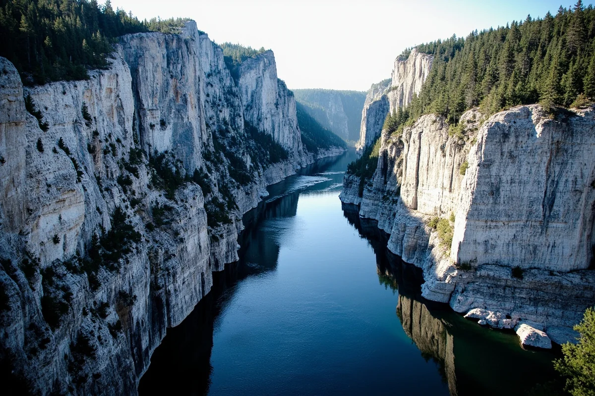Limestone canyon walls rising above the Missouri River at Gates of the Mountains, Helena National Forest Montana