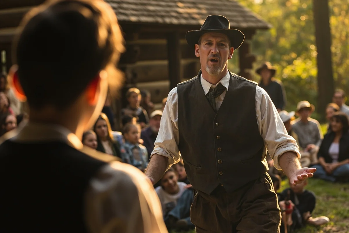 Living history storyteller performing at Crail Ranch Homestead Museum in Big Sky, Montana