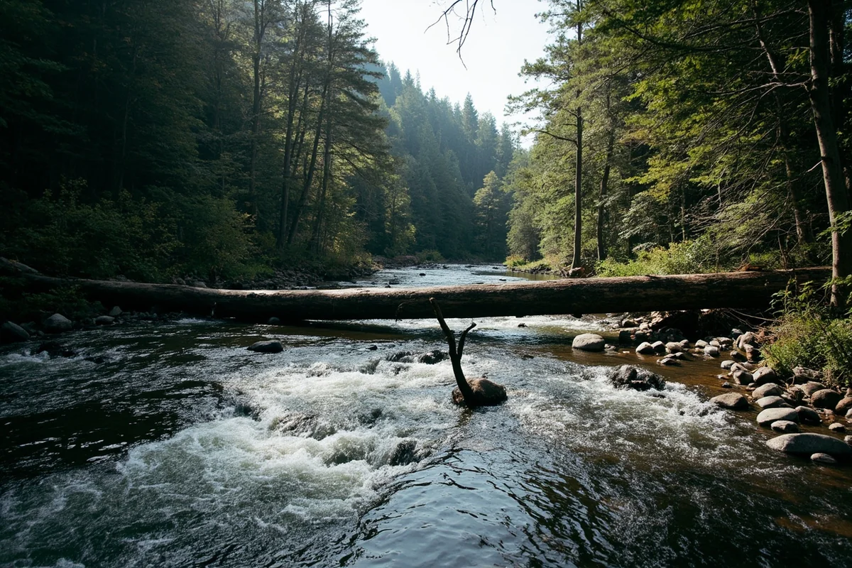 Logjam and fallen timber along the brushy banks of the upper Swan River in Montana