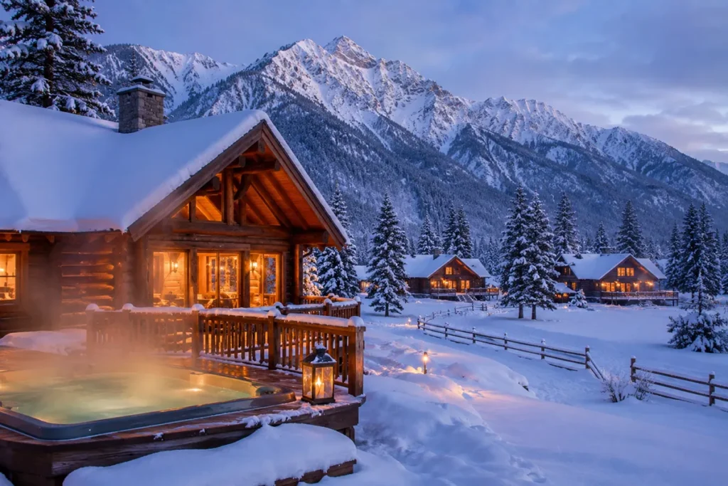 Triple Creek Ranch Montana winter landscape showing the snow-covered Bitterroot Mountains and private log cabin with warm lights glowing through the windows
