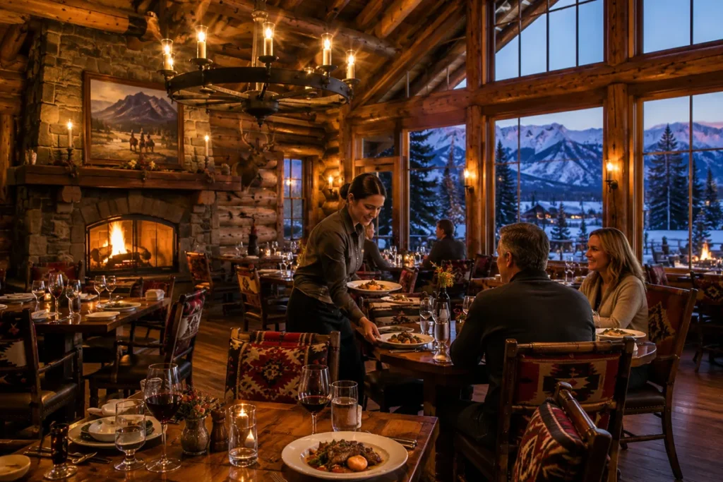Horn and Cantle Restaurant at Lone Mountain Ranch Big Sky Montana showing gourmet Montana dining with mountain views through windows