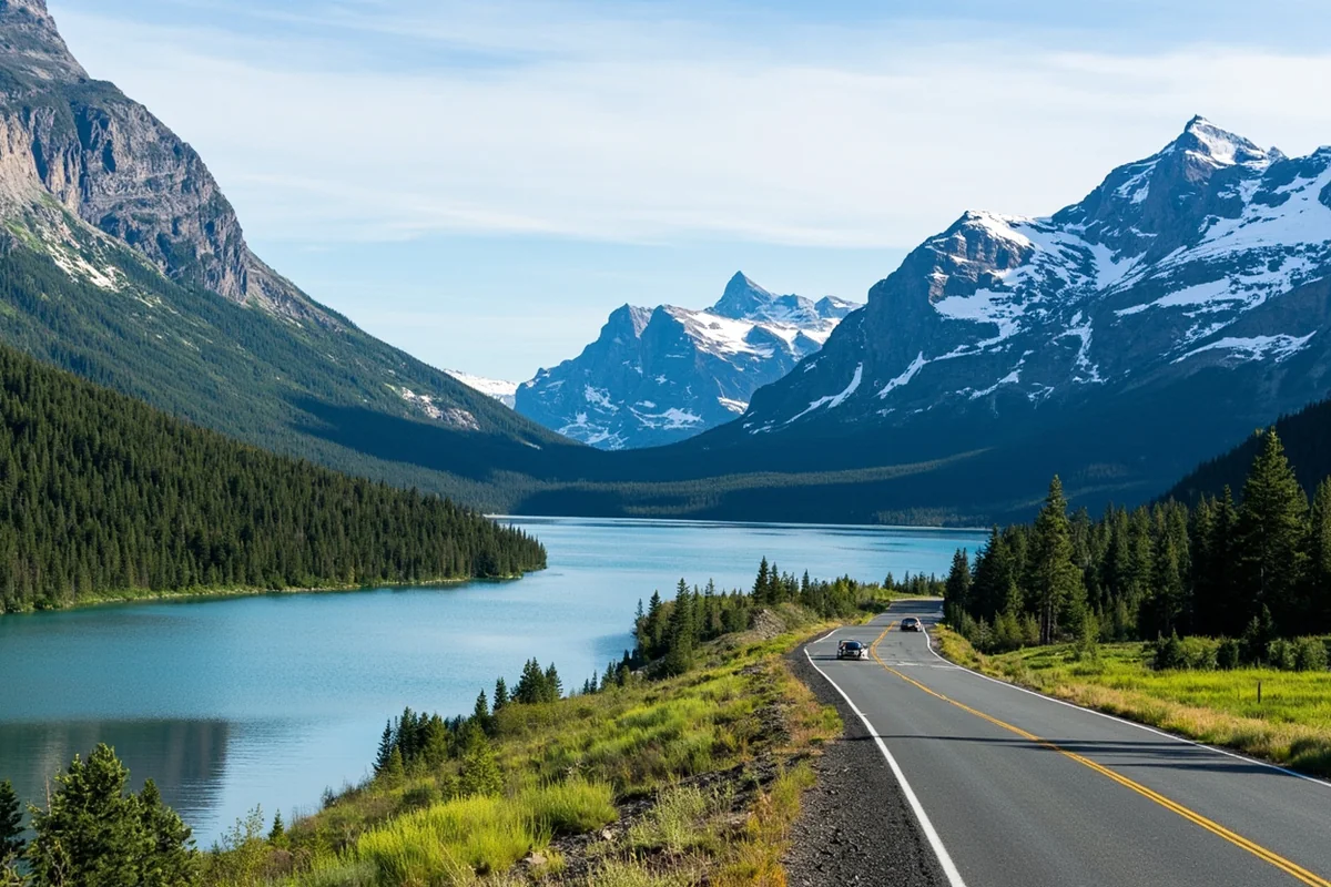 Many Glacier Road running alongside Lake Sherburne with mountains in the background